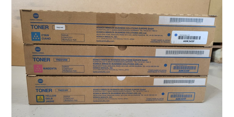 3 Toner Konica Minolta TN221AC TN221AM TN221AY Neu OVP A-Ware Original C287 C227 