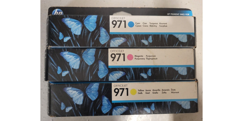 3 HP Tinten 971 CMY CN622AE CN623AE CN624AE Neu OVP B-Ware   MHD 08.2017 