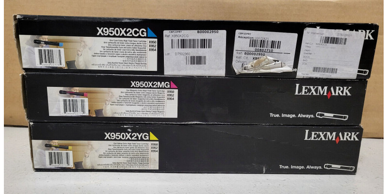 3 Toner Lexmark X950X2CG, X950X2MG, X950X2YG CMY Neu OVP B-Ware Original 3 Toner Lexmark X950X2CG, X950X2MG, X950X2YG CMY Neu OVP B-Ware Original