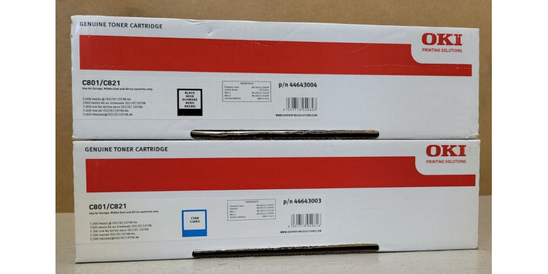 2 Toner OKI C801 / C821 Black, Cyan Neu OVP 44643004, 44643003 Original Rg,  
