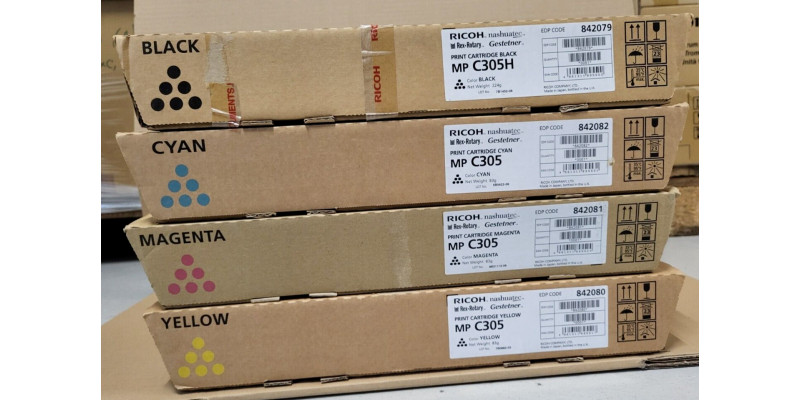 4 Toner Ricoh MP C305 CMYK Neu OVP Original Aficio MP C305 Rechnung MwSt. 