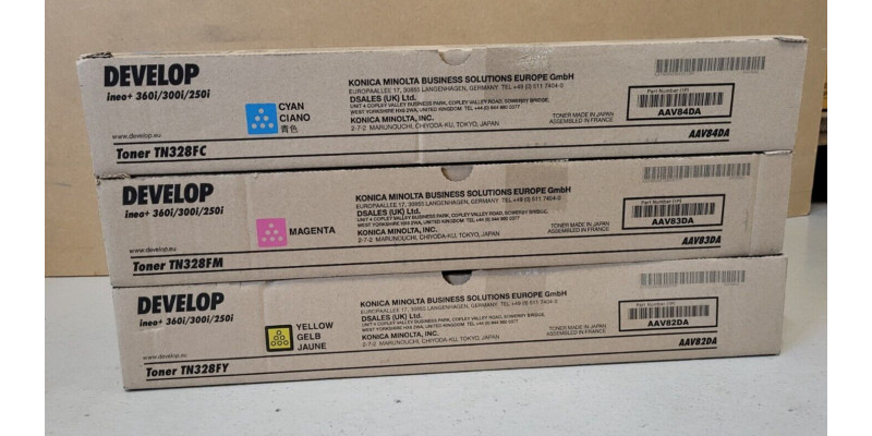 3 Toner Develop TN328FC TN328FM TN328FY Neu OVP A-Ware Original ineo +360i  